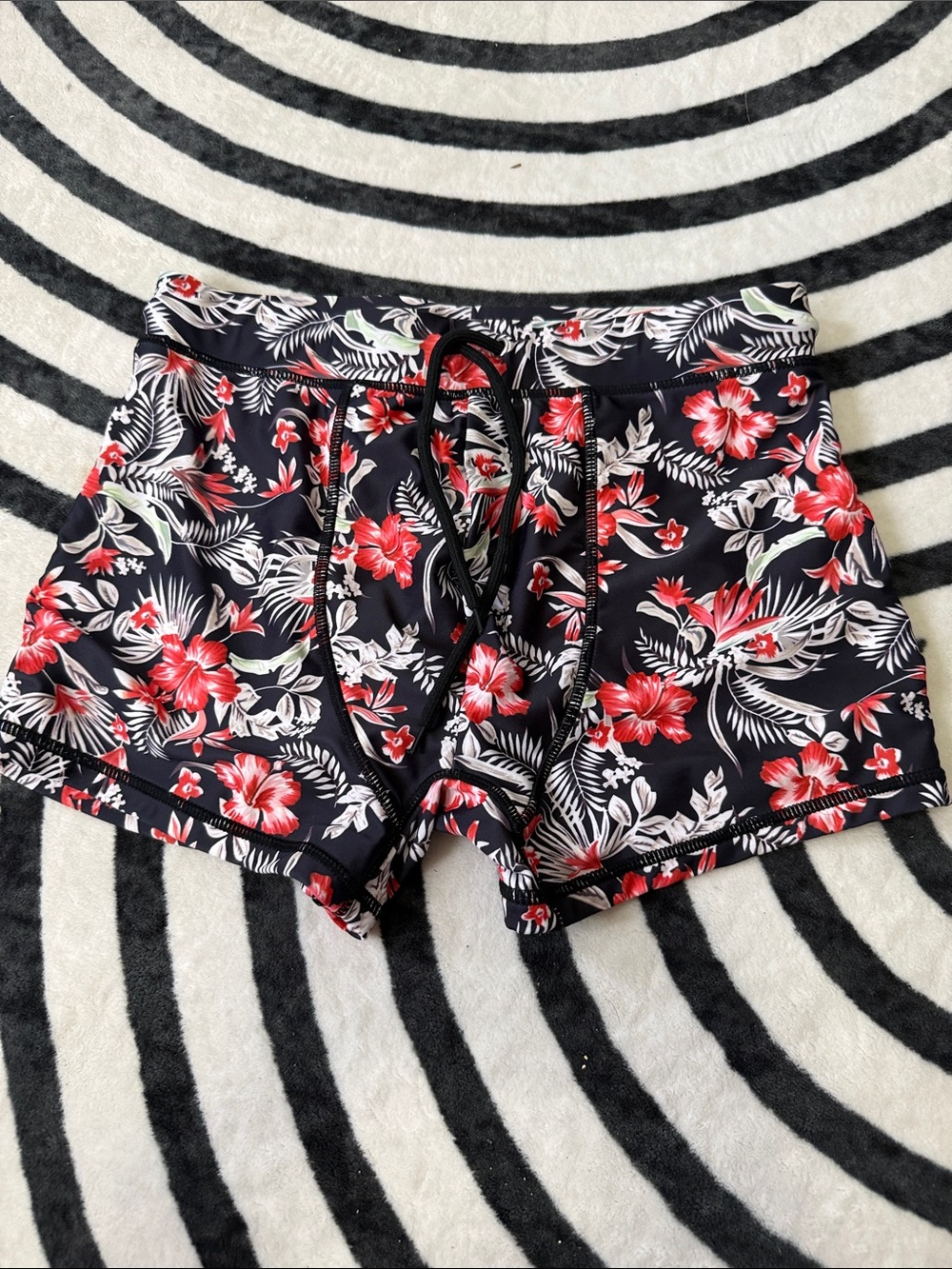Men's Black Swim Trunks with Red Floral Print